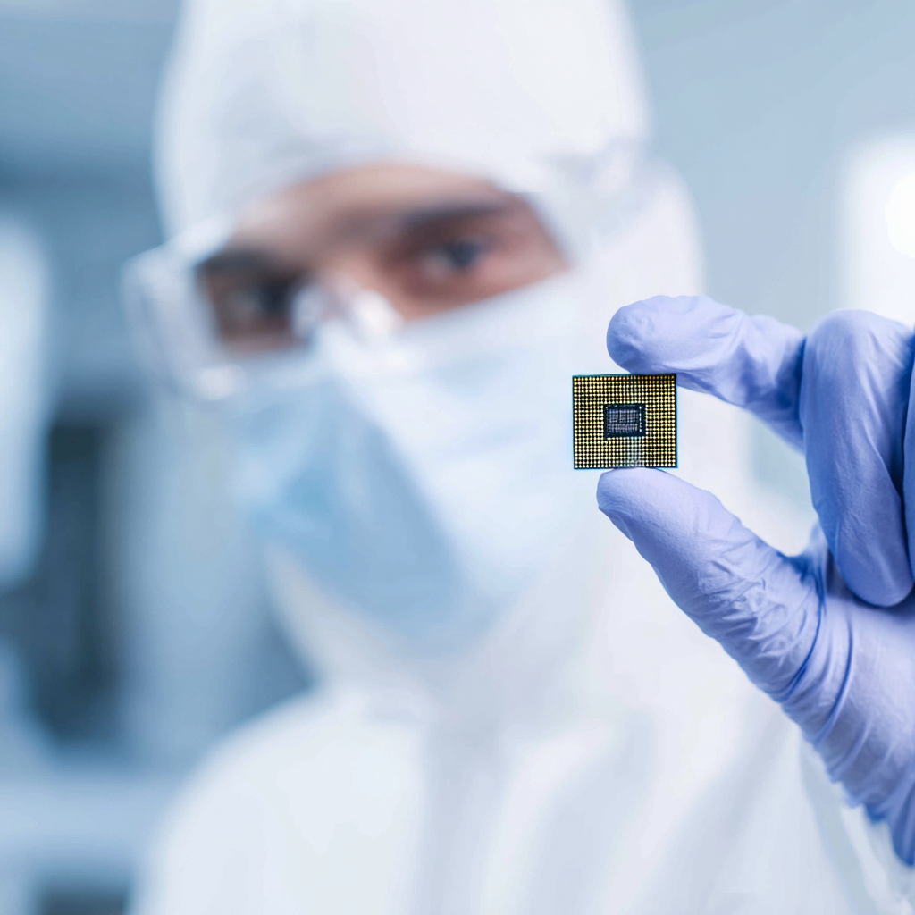 Engineer holding semiconductor chip